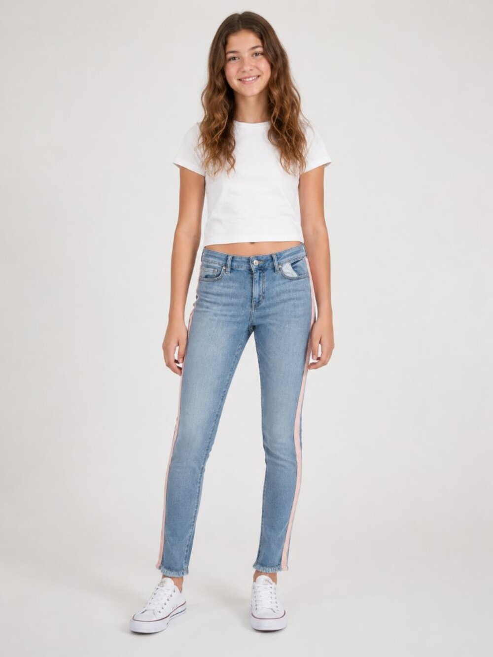 DL1961 Chloe Skinny Jeans Girls 14 Pink Stripe Raw Hem